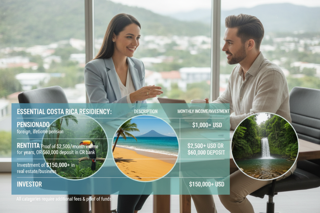 A structured and informative infographic design illustrating "Essential Residency Categories and Financial Requirements" for Costa Rica residency. The foreground features a clear, labeled chart or table that outlines various residency categories such as pensionado, rentista, and investor, alongside their respective financial prerequisites. The middle section showcases vibrant images of Costa Rican landscapes, such as lush rainforests and serene beaches, subtly integrated into the design. In the background, a soft-focus image of a professional consulting with a casually dressed expatriate, both engaged in discussion, conveys a warm and inviting atmosphere. Use natural lighting to enhance the clarity of the chart and the scenery, and maintain a balanced composition that draws the viewer's attention to the essential information. The overall mood should feel inviting and informative, suitable for readers exploring residency options in Costa Rica.