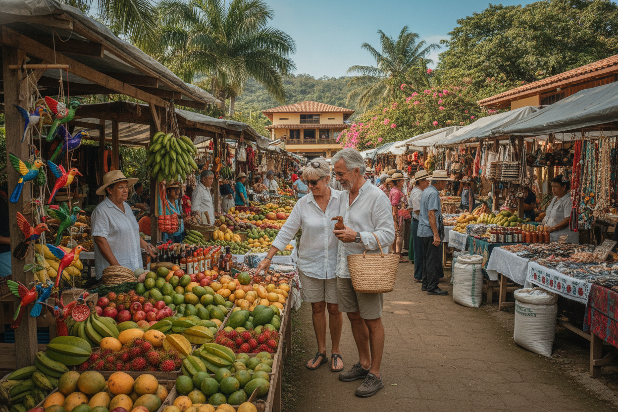 Sunny outdoor market scene in Costa Rica showcasing diverse goods and local produce