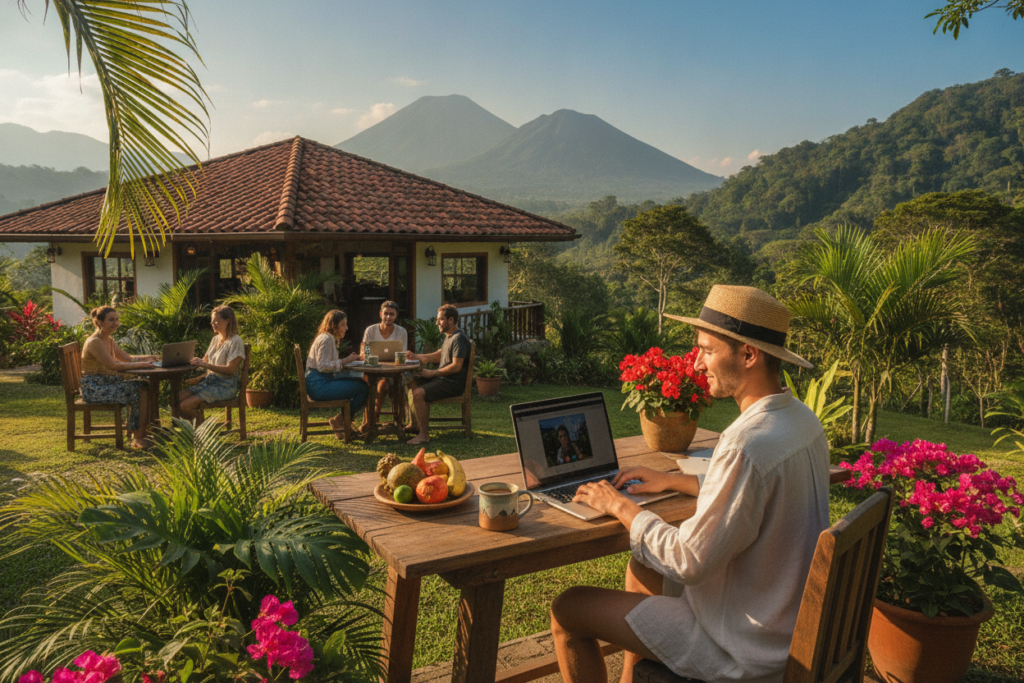 A sunny outdoor workspace set in a vibrant Costa Rican setting, showcasing a digital nomad's life. In the foreground, a person casually dressed in comfortable yet professional attire sits at a wooden desk with a laptop, sipping coffee. They're surrounded by tropical plants and colorful flowers, embodying the relaxed yet productive atmosphere of working remotely. In the middle ground, a charming local café is visible, where other digital nomads chat and collaborate. The background features a stunning view of lush green hills and distant mountains under a clear blue sky. Soft, natural lighting enhances the warm and inviting mood. The image captures the essence of living in Costa Rica as a digital nomad, blending work and paradise seamlessly.
