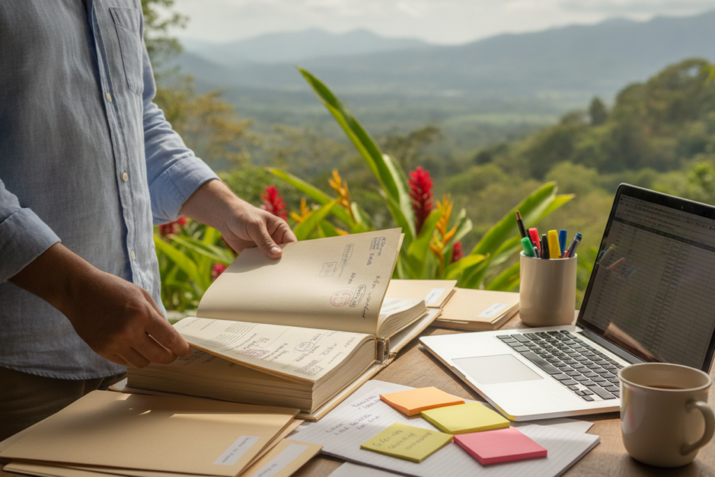A tabletop scene featuring a Costa Rican immigration file, open and partially visible, with colorful tropical foliage in the background. In the foreground, a pair of hands of a casually dressed person, expertly handling the file with care. Various organizational tools, such as folders, colorful sticky notes, and a laptop, are scattered around to emphasize diligent preparation. Soft, natural lighting filters through lush green leaves, creating a serene and focused atmosphere. The background highlights a softly blurred view of a Costa Rican landscape with rolling hills and distant mountains, contributing to a feeling of safety and tranquility. The overall mood conveys professionalism and caution, ideal for safely retrieving important documents. A tabletop scene featuring a Costa Rican immigration file, open and partially visible, with colorful tropical foliage in the background. In the foreground, a pair of hands of a casually dressed person, expertly handling the file with care. Various organizational tools, such as folders, colorful sticky notes, and a laptop, are scattered around to emphasize diligent preparation. Soft, natural lighting filters through lush green leaves, creating a serene and focused atmosphere. The background highlights a softly blurred view of a Costa Rican landscape with rolling hills and distant mountains, contributing to a feeling of safety and tranquility. The overall mood conveys professionalism and caution, ideal for safely retrieving important documents.