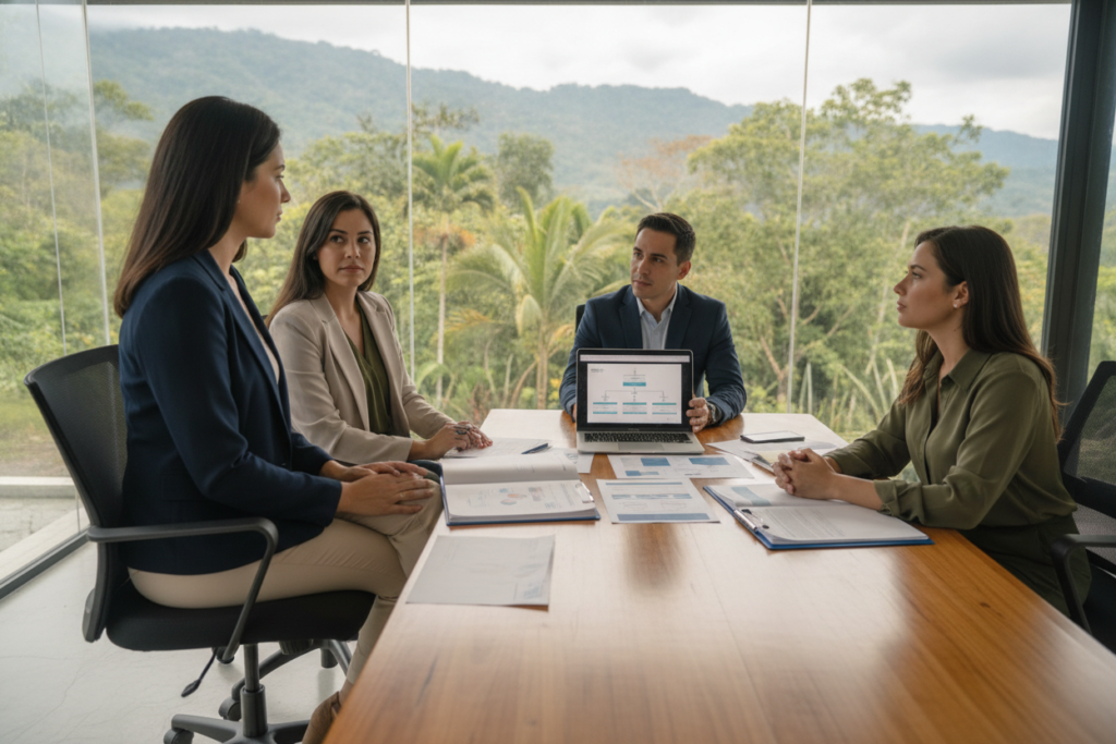 A team of expert Costa Rican immigration lawyers and consultants gathered in a bright, modern office space featuring glass walls that overlook a lush tropical landscape. In the foreground, three diverse professionals engage in a focused discussion, all dressed in smart business casual attire—comfortable yet polished—with an emphasis on professionalism. The middle area showcases a large table with legal documents and a laptop, symbolizing collaboration and expertise. In the background, vibrant green foliage and the distant silhouette of Costa Rica's mountains create an inviting atmosphere. The scene is bathed in soft, natural light, enhancing the welcoming and trustworthy mood of the image. Capture this moment from a slightly angled view to emphasize teamwork and approachability.