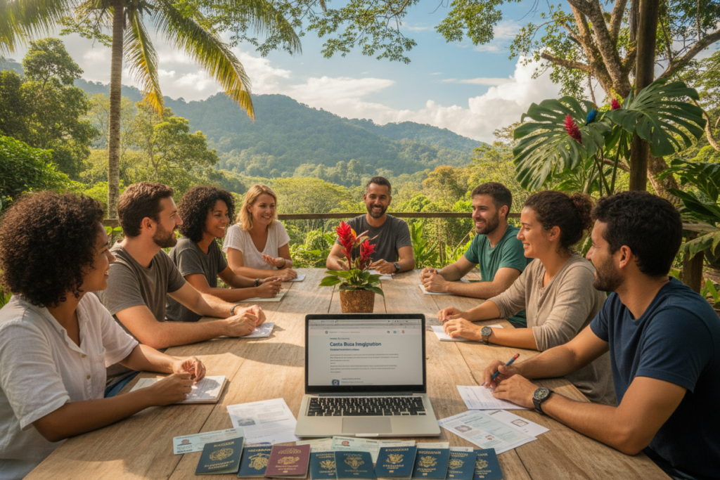 A tranquil Costa Rican landscape showcasing a diverse group of individuals of various ethnicities, casually dressed, gathered around a table outside under natural light. The foreground features close-up details of passports, residency documents, and a laptop displaying a Costa Rica immigration website. In the middle, diverse individuals are engaged in conversation, sharing information about residency, with picturesque greenery and tropical plants surrounding them. In the background, the lush hills of Costa Rica are visible under a bright blue sky, creating a vibrant, welcoming atmosphere. The scene captures a sense of community and collaboration, with soft, warm lighting to emphasize the friendly, informative mood.