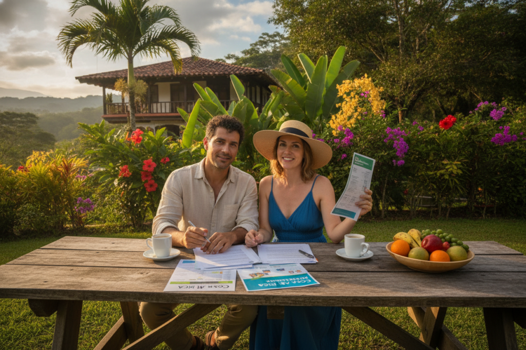 A tranquil Costa Rican landscape with a foreground featuring a thoughtful couple casually dressed, reviewing financial documents and health insurance brochures at a rustic outdoor table. The middle ground showcases lush tropical foliage and colorful flowers, embodying the vibrant local environment, while traditional Costa Rican architecture subtly blends into the background. The scene is illuminated by warm, natural sunlight, creating a welcoming and hopeful atmosphere. The angle captures the couple’s expressions of confidence and determination, ensuring the mood is optimistic while demonstrating the importance of understanding residency requirements. The composition should feel inviting and approachable, reflecting a sense of security and clarity in navigating financial and health insurance matters. A tranquil Costa Rican landscape with a foreground featuring a thoughtful couple casually dressed, reviewing financial documents and health insurance brochures at a rustic outdoor table. The middle ground showcases lush tropical foliage and colorful flowers, embodying the vibrant local environment, while traditional Costa Rican architecture subtly blends into the background. The scene is illuminated by warm, natural sunlight, creating a welcoming and hopeful atmosphere. The angle captures the couple’s expressions of confidence and determination, ensuring the mood is optimistic while demonstrating the importance of understanding residency requirements. The composition should feel inviting and approachable, reflecting a sense of security and clarity in navigating financial and health insurance matters.