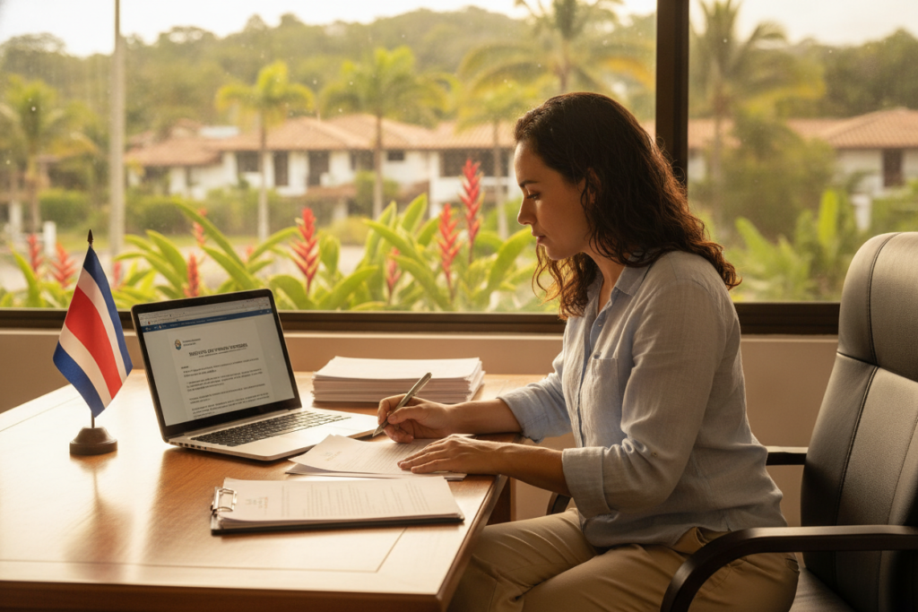 A tranquil Costa Rican office setting, featuring a wooden desk adorned with a laptop, documents, and a Costa Rican flag. In the foreground, a businesswoman in modest casual clothing examines property documents, symbolizing personal name registration for residency. The middle ground includes a large window showcasing a lush tropical landscape with palm trees and vibrant foliage, letting in natural light that creates a warm and inviting atmosphere. In the background, soft-focus images of nearby homes enhance the residential theme. The overall mood is one of professionalism blended with the relaxed beauty of Costa Rica, captured with a warm daylight effect, emphasizing clarity and detail, using a slight depth of field to draw focus to the foreground activities. A tranquil Costa Rican office setting, featuring a wooden desk adorned with a laptop, documents, and a Costa Rican flag. In the foreground, a businesswoman in modest casual clothing examines property documents, symbolizing personal name registration for residency. The middle ground includes a large window showcasing a lush tropical landscape with palm trees and vibrant foliage, letting in natural light that creates a warm and inviting atmosphere. In the background, soft-focus images of nearby homes enhance the residential theme. The overall mood is one of professionalism blended with the relaxed beauty of Costa Rica, captured with a warm daylight effect, emphasizing clarity and detail, using a slight depth of field to draw focus to the foreground activities.
