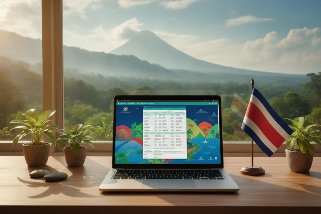A tranquil, photorealistic scene illustrating the concept of online access to Costa Rica immigration files. In the foreground, a modern laptop displays a detailed immigration file on its screen, with colorful graphics of Costa Rican landscapes subtly integrated into the background. The middle ground features a Costa Rican flag gently waving. Sunlight filters through a nearby window, casting warm, natural light on the workspace, which includes an inviting wooden desk adorned with potted tropical plants. In the background, a scenic view of Costa Rica’s lush greenery and rolling hills adds depth, creating a serene atmosphere. The mood is professional yet relaxed, emphasizing the importance of online access for immigration documentation. The image should be devoid of any text, watermarks, or other annotations.