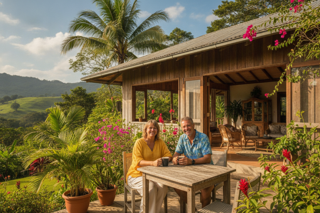 A tranquil scene depicting life as a Pensionado resident in Costa Rica. In the foreground, a middle-aged couple casually dressed in light, colorful clothing enjoys a morning coffee on a vibrant terrace, surrounded by lush tropical plants and flowers. The couple smiles, exuding a sense of relaxation and contentment. In the middle ground, a charming single-story home with a rustic wooden design offers a glimpse of an inviting living space filled with natural light. The background showcases rolling green hills and a clear blue sky dotted with fluffy white clouds, typical of Costa Rica's landscape. The lighting is warm and bright, capturing a sunny day. The overall mood is peaceful and joyful, reflecting a harmonious lifestyle intertwined with nature. A tranquil scene depicting life as a Pensionado resident in Costa Rica. In the foreground, a middle-aged couple casually dressed in light, colorful clothing enjoys a morning coffee on a vibrant terrace, surrounded by lush tropical plants and flowers. The couple smiles, exuding a sense of relaxation and contentment. In the middle ground, a charming single-story home with a rustic wooden design offers a glimpse of an inviting living space filled with natural light. The background showcases rolling green hills and a clear blue sky dotted with fluffy white clouds, typical of Costa Rica's landscape. The lighting is warm and bright, capturing a sunny day. The overall mood is peaceful and joyful, reflecting a harmonious lifestyle intertwined with nature.