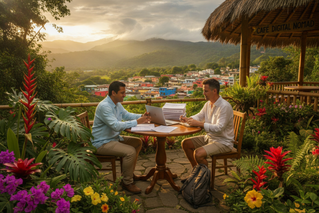 A tranquil scene set in Costa Rica, focusing on a picturesque outdoor café with lush tropical greenery and vibrant flowers in the foreground. A table is adorned with financial documents and a laptop, symbolizing the banking process for digital nomads. Middle-ground features a friendly local bank representative in casual yet professional attire, engaging in a discussion with a foreign national, who is casually dressed, looking intrigued and taking notes. In the background, the iconic Costa Rican landscape with mountains and colorful buildings under natural sunlight, creating a warm, inviting atmosphere. The composition captures a sense of openness and opportunity, emphasizing tax considerations for foreigners in a relaxed yet professional setting. The lighting is soft and natural, enhancing the vibrant colors and details of the environment. A tranquil scene set in Costa Rica, focusing on a picturesque outdoor café with lush tropical greenery and vibrant flowers in the foreground. A table is adorned with financial documents and a laptop, symbolizing the banking process for digital nomads. Middle-ground features a friendly local bank representative in casual yet professional attire, engaging in a discussion with a foreign national, who is casually dressed, looking intrigued and taking notes. In the background, the iconic Costa Rican landscape with mountains and colorful buildings under natural sunlight, creating a warm, inviting atmosphere. The composition captures a sense of openness and opportunity, emphasizing tax considerations for foreigners in a relaxed yet professional setting. The lighting is soft and natural, enhancing the vibrant colors and details of the environment.
