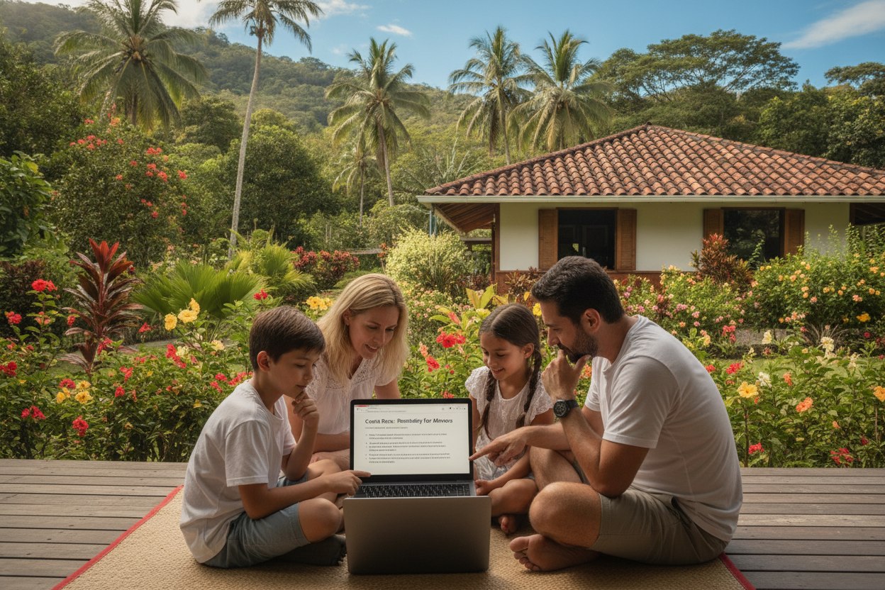A vibrant Costa Rican landscape depicting a serene family scene focused on the theme of residency requirements for children. In the foreground, a casually dressed family of four—two adults and two children—are gathered around an open laptop, exploring information together with expressions of concentration and curiosity. The middle layer shows a lush tropical garden with colorful plants and palm trees, while in the background, a glimpse of a typical Costa Rican house with a red-tiled roof and clear blue sky adds to the local atmosphere. Soft, natural sunlight filters through the trees, creating a warm and inviting mood. The overall image conveys a sense of hope and exploration in a family setting, highlighting the supportive environment of Costa Rica.