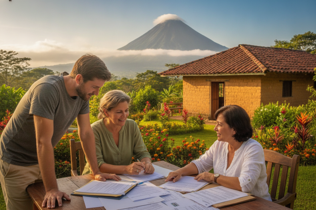 A vibrant Costa Rican landscape depicting the residency process, featuring a diverse group of individuals in modest casual clothing consulting with a local advisor in a welcoming outdoor setting. In the foreground, a couple examines a stack of documents with focused expressions, while a friendly advisor gestures towards important papers. In the middle ground, lush tropical greenery and colorful blooms create a serene atmosphere, with a traditional Costa Rican home visible nearby. In the background, the iconic Arenal Volcano peeks through the clouds under a bright blue sky, bathed in warm natural light. The scene captures a sense of collaboration and hope, emphasizing the journey toward dual citizenship in a beautiful, relaxed environment. A vibrant Costa Rican landscape depicting the residency process, featuring a diverse group of individuals in modest casual clothing consulting with a local advisor in a welcoming outdoor setting. In the foreground, a couple examines a stack of documents with focused expressions, while a friendly advisor gestures towards important papers. In the middle ground, lush tropical greenery and colorful blooms create a serene atmosphere, with a traditional Costa Rican home visible nearby. In the background, the iconic Arenal Volcano peeks through the clouds under a bright blue sky, bathed in warm natural light. The scene captures a sense of collaboration and hope, emphasizing the journey toward dual citizenship in a beautiful, relaxed environment.