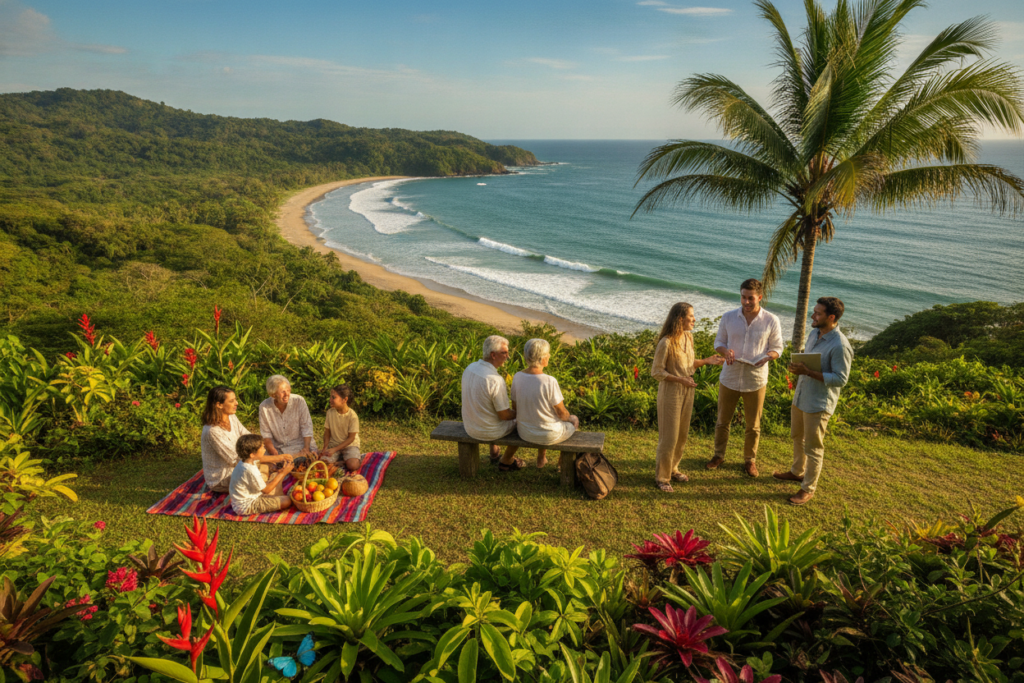 A vibrant Costa Rican landscape showcasing the essence of immigration benefits, with lush green hills and vibrant flora in the foreground. In the middle, a diverse group of individuals representing various ages and backgrounds — a family enjoying a picnic, elderly couple relaxing, and young professionals engaging in conversation, all dressed in casual, modest clothing. In the background, a picturesque view of the coastline with gentle waves lapping against the shore under a clear blue sky. Soft, natural lighting enhances the warmth and welcoming atmosphere of Costa Rica, creating a sense of community and opportunity. The angle is slightly elevated, offering a panoramic view that captures the harmony of nature and human connection, embodying the benefits of living in this beautiful country.