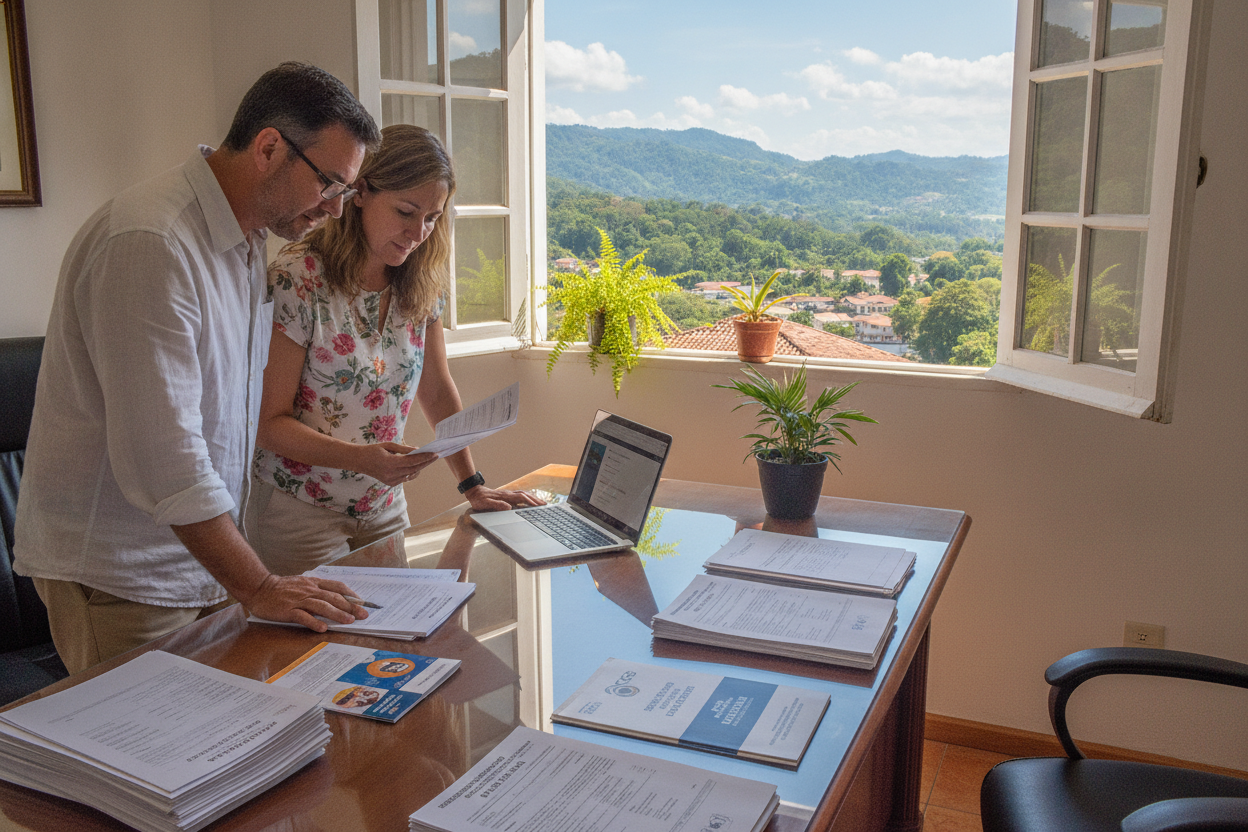 A vibrant Costa Rican office setting reflecting healthcare and social security themes, with a neatly organized desk featuring registration forms, a laptop, and healthcare brochures. In the foreground, a casually dressed expatriate, a middle-aged man and woman engaged in discussion, appear focused and collaborative, showcasing a constructive atmosphere. The middle ground features an open window with natural light streaming in, illuminating indoor plants that hint at the tropical surroundings. The background is a scenic view of a lush Costa Rican landscape, with blue skies and green hills, suggesting a sense of peace and support. The overall mood is optimistic and professional, emphasizing the importance of accurate registration for expatriates navigating their new life abroad.