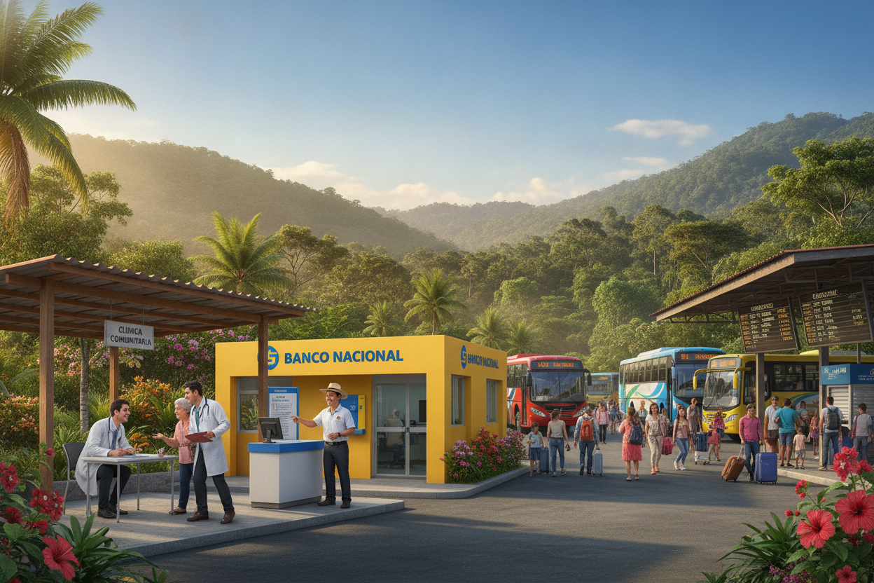 Costa Rican scene featuring a busy healthcare clinic