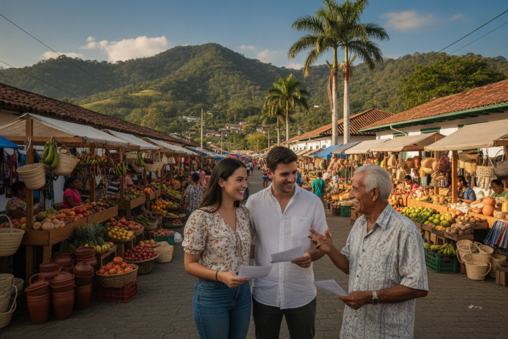 A vibrant Costa Rican street scene depicting the impact of immigration laws. In the foreground, a diverse group of individuals, including a young couple and an elderly man, engage in conversation while holding immigration documents. They are dressed in modest casual clothing, showcasing the country's cultural blend. In the middle, a bustling marketplace highlights various vendors selling local goods, symbolizing community and integration. The background features a lush green landscape, with iconic Costa Rican architecture and palm trees under a bright blue sky, emphasizing a sense of hope. The lighting is natural, casting warm tones that evoke a welcoming atmosphere. The angle is slightly elevated, capturing the depth of the scene while maintaining focus on the individuals.