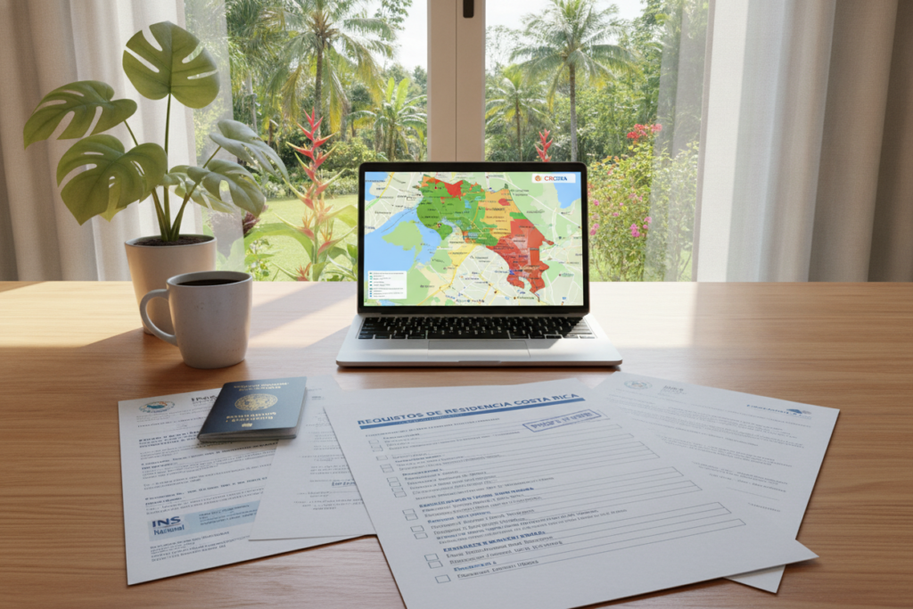A vibrant Costa Rican workspace featuring a detailed residency document checklist spread across a wooden table. In the foreground, focus on neatly arranged documents including identification paperwork, proof of income, and health insurance forms, accented by a tropical plant and a cup of coffee. In the middle ground, there’s a laptop open to a Costa Rica map, symbolizing exploration and new beginnings. The background consists of a sunny window revealing a lush green garden, typical of Costa Rica's natural beauty. The scene is illuminated by warm, natural light, creating a welcoming and professional atmosphere. The mood is focused and motivational, encouraging viewers to embark on their residency journey.