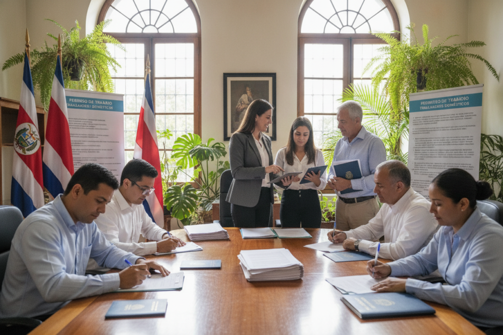 A vibrant and detailed scene depicting the Costa Rica work permit application process for domestic workers, showcasing a friendly office environment. In the foreground, a diverse group of individuals, including both men and women, dressed in smart casual attire, are engaged in completing application forms at a large wooden table. In the middle ground, additional characters are discussing paperwork with a professional and helpful immigration consultant. The background reveals a beautifully decorated office with large windows allowing natural light to flood the space, plants, and Costa Rican flags on the walls, evoking a welcoming atmosphere. The mood is collaborative and organized, highlighting the step-by-step progression of the application process in a photorealistic style.
