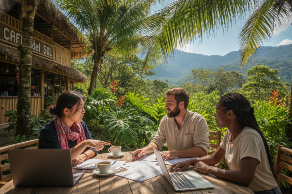 A vibrant and engaging scene set in a picturesque Costa Rican landscape. In the foreground, a diverse group of three international applicants, casually dressed, are seated at a wooden table outside a café, reviewing documents and discussing together. The middle ground features lush greenery typical of Costa Rica, with tropical plants and distant mountains under a clear blue sky. The background shows a bright, sunlit atmosphere, enhancing the feeling of warmth and opportunity. Natural sunlight filters through the trees, creating dappled shadows on the table. The mood is collaborative and optimistic, reflecting a sense of preparation and anticipation for the work permit application process.