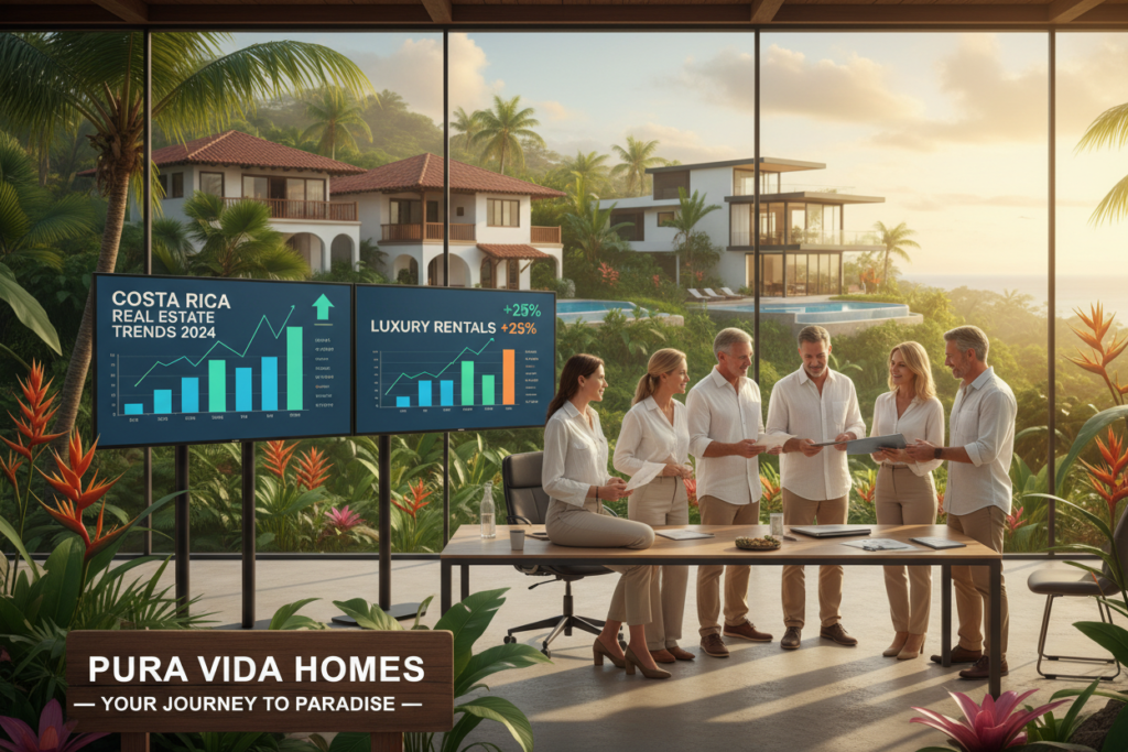 A vibrant and engaging scene showcasing the Costa Rica real estate market trends, featuring a diverse group of Caucasian individuals dressed in business casual attire, such as polos and button-down shirts, discussing properties outdoors. In the foreground, a modern open-plan office space with large windows filled with natural light, where charts and graphs displaying market trends are visibly presented on digital screens. The middle ground shows lush greenery typical of Costa Rica, with palm trees and colorful plants, hinting at the landscape's beauty that potential expats are drawn to. In the background, traditional and modern Costa Rican homes illustrate the diversity in real estate options. The mood is optimistic and professional, capturing the essence of "Pura Vida Costa Rica" as a welcoming destination. A vibrant and engaging scene showcasing the Costa Rica real estate market trends, featuring a diverse group of Caucasian individuals dressed in business casual attire, such as polos and button-down shirts, discussing properties outdoors. In the foreground, a modern open-plan office space with large windows filled with natural light, where charts and graphs displaying market trends are visibly presented on digital screens. The middle ground shows lush greenery typical of Costa Rica, with palm trees and colorful plants, hinting at the landscape's beauty that potential expats are drawn to. In the background, traditional and modern Costa Rican homes illustrate the diversity in real estate options. The mood is optimistic and professional, capturing the essence of "Pura Vida Costa Rica" as a welcoming destination.