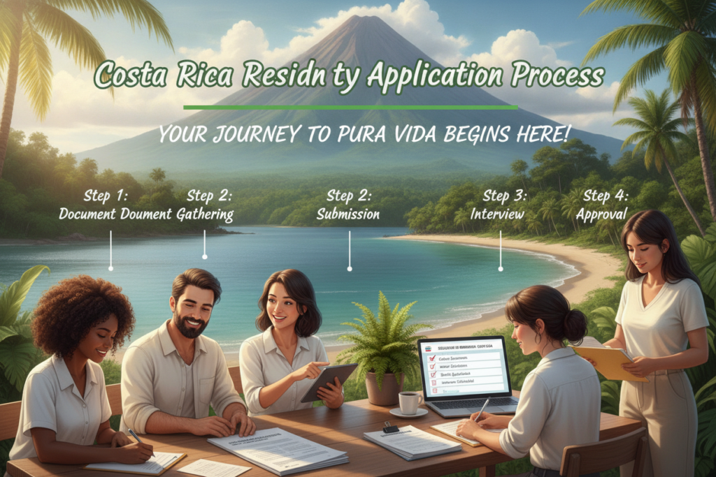 A vibrant and informative illustration of the "Costa Rica Residency Application Process," showcasing a step-by-step timeline in a photorealistic style. In the foreground, a diverse group of casually dressed applicants are engaged in various stages of the process, such as filling out forms, consulting with an advisor, and gathering documents. In the middle ground, a desk with Costa Rican residency application forms, a laptop displaying a checklist, and a small stack of important documents symbolizing organization. The background features a scenic view of Costa Rica's lush greenery, possibly the iconic Arenal Volcano or a serene beach, under natural sunlight that casts soft shadows, enhancing the atmosphere of hope and opportunity. The composition is warm and inviting, creating an inspirational mood for prospective residents.
