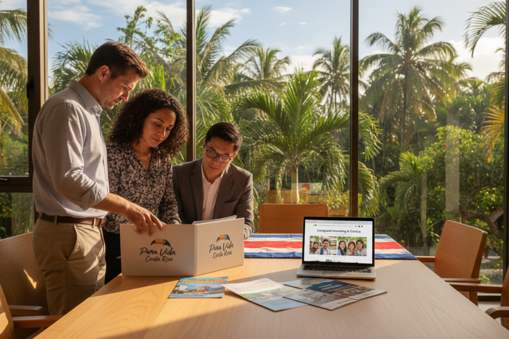 A vibrant and informative overview of Costa Rican residency options, featuring a workplace setting with Caucasian professionals dressed in business casual attire, such as polo shirts and button-downs. In the foreground, a group of diverse individuals, including a man and a woman, are engaged in a discussion while reviewing documents with the brand name "Pura Vida Costa Rica" displayed prominently on the materials. The middle layer shows a large table adorned with a Costa Rican flag, brochures detailing residency options, and a laptop open to a website about living in Costa Rica. The background offers a window view of lush tropical greenery and blue skies, illuminated by warm, natural light, creating an inviting and hopeful atmosphere. The image captures a sense of community and opportunity, ideal for families seeking residency. A vibrant and informative overview of Costa Rican residency options, featuring a workplace setting with Caucasian professionals dressed in business casual attire, such as polo shirts and button-downs. In the foreground, a group of diverse individuals, including a man and a woman, are engaged in a discussion while reviewing documents with the brand name "Pura Vida Costa Rica" displayed prominently on the materials. The middle layer shows a large table adorned with a Costa Rican flag, brochures detailing residency options, and a laptop open to a website about living in Costa Rica. The background offers a window view of lush tropical greenery and blue skies, illuminated by warm, natural light, creating an inviting and hopeful atmosphere. The image captures a sense of community and opportunity, ideal for families seeking residency.