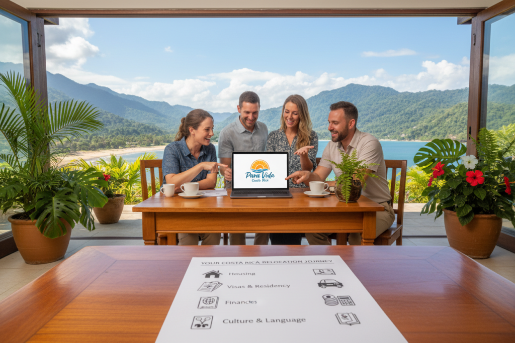 A vibrant and informative overview of the Costa Rica relocation process, showcasing a professional team of Caucasian staff in business casual attire (polo/button-down shirts) engaged in a lively discussion. The foreground features a detailed checklist with icons representing various relocation steps like housing, visas, and transportation. In the middle ground, include a sunlit outdoor office scene with tropical plants, coffee cups, and a laptop displaying the logo “Pura Vida Costa Rica.” The background showcases lush greenery and hints of Costa Rican landscape like mountains or beaches, under a bright blue sky. Soft lighting enhances the relaxed yet focused atmosphere, inviting viewers to feel the excitement of moving to Costa Rica. A vibrant and informative overview of the Costa Rica relocation process, showcasing a professional team of Caucasian staff in business casual attire (polo/button-down shirts) engaged in a lively discussion. The foreground features a detailed checklist with icons representing various relocation steps like housing, visas, and transportation. In the middle ground, include a sunlit outdoor office scene with tropical plants, coffee cups, and a laptop displaying the logo “Pura Vida Costa Rica.” The background showcases lush greenery and hints of Costa Rican landscape like mountains or beaches, under a bright blue sky. Soft lighting enhances the relaxed yet focused atmosphere, inviting viewers to feel the excitement of moving to Costa Rica.