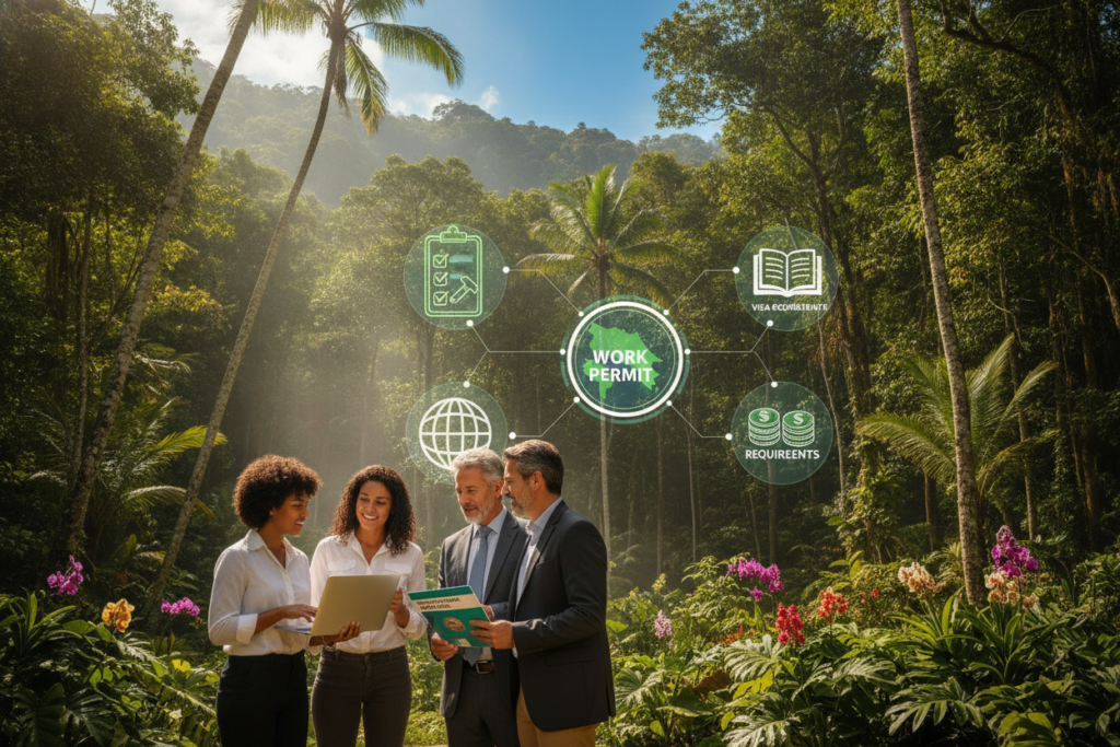A vibrant and informative scene depicting the eligibility criteria for work permits in Costa Rica. In the foreground, a diverse group of professionally dressed individuals casually discussing work opportunities, including a young woman with a laptop and a middle-aged man holding a brochure about employment regulations. In the middle, a visually engaging display of icons or symbols representing different aspects of eligibility, like a checklist, work-related imagery, and maps of Costa Rica. The background features a lush Costa Rican landscape with tropical plants and clear blue skies, bathed in soft, natural sunlight, creating a welcoming and informative atmosphere. The camera angle is slightly elevated to capture both the individuals and the symbols meaningfully, emphasizing a sense of optimism and opportunity.