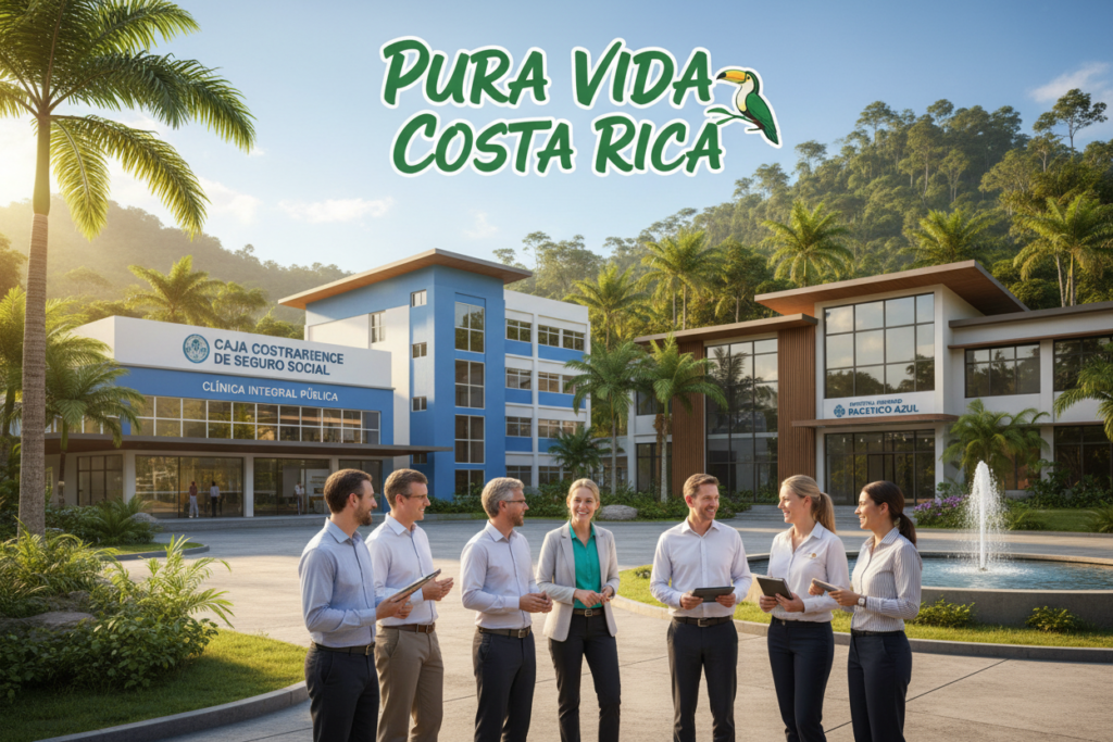 A vibrant and informative scene depicting the healthcare landscape in Costa Rica, focused on both public and private sectors. In the foreground, a diverse group of Caucasian healthcare professionals in business casual attire, such as polo shirts and button-downs, engage in friendly discussions. The middle ground features a modern public healthcare clinic with clear signage, while a private healthcare facility with a serene, welcoming atmosphere can be seen just behind it. In the background, lush tropical greenery emblematic of Costa Rica adds a natural touch. The lighting is warm and inviting, suggestive of a sunny day, enhancing the mood of trust and community responsibility. The overall atmosphere conveys a sense of accessibility and professionalism in healthcare, prominently displaying "Pura Vida Costa Rica" within the setting. A vibrant and informative scene depicting the healthcare landscape in Costa Rica, focused on both public and private sectors. In the foreground, a diverse group of Caucasian healthcare professionals in business casual attire, such as polo shirts and button-downs, engage in friendly discussions. The middle ground features a modern public healthcare clinic with clear signage, while a private healthcare facility with a serene, welcoming atmosphere can be seen just behind it. In the background, lush tropical greenery emblematic of Costa Rica adds a natural touch. The lighting is warm and inviting, suggestive of a sunny day, enhancing the mood of trust and community responsibility. The overall atmosphere conveys a sense of accessibility and professionalism in healthcare, prominently displaying "Pura Vida Costa Rica" within the setting.