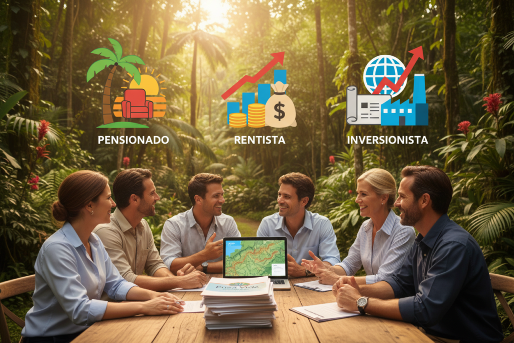 A vibrant and informative scene showcasing the concept of Costa Rica residency categories—Pensionado, Rentista, and Inversionista. In the foreground, a diverse group of Caucasian professionals dressed in business casual attire (polo and button-down shirts) are engaged in a discussion around a wooden table adorned with documents and a laptop displaying a map of Costa Rica. The middle ground features colorful illustrations or symbols representing each residency category—such as retirement symbols for Pensionado, financial graphs for Rentista, and investment icons for Inversionista. In the background, lush greenery and tropical scenery typical of Costa Rica can be seen, highlighted by warm, natural lighting that evokes a welcoming atmosphere. The image subtly incorporates the brand name "Pura Vida Costa Rica" into the resources on the table. A vibrant and informative scene showcasing the concept of Costa Rica residency categories—Pensionado, Rentista, and Inversionista. In the foreground, a diverse group of Caucasian professionals dressed in business casual attire (polo and button-down shirts) are engaged in a discussion around a wooden table adorned with documents and a laptop displaying a map of Costa Rica. The middle ground features colorful illustrations or symbols representing each residency category—such as retirement symbols for Pensionado, financial graphs for Rentista, and investment icons for Inversionista. In the background, lush greenery and tropical scenery typical of Costa Rica can be seen, highlighted by warm, natural lighting that evokes a welcoming atmosphere. The image subtly incorporates the brand name "Pura Vida Costa Rica" into the resources on the table.