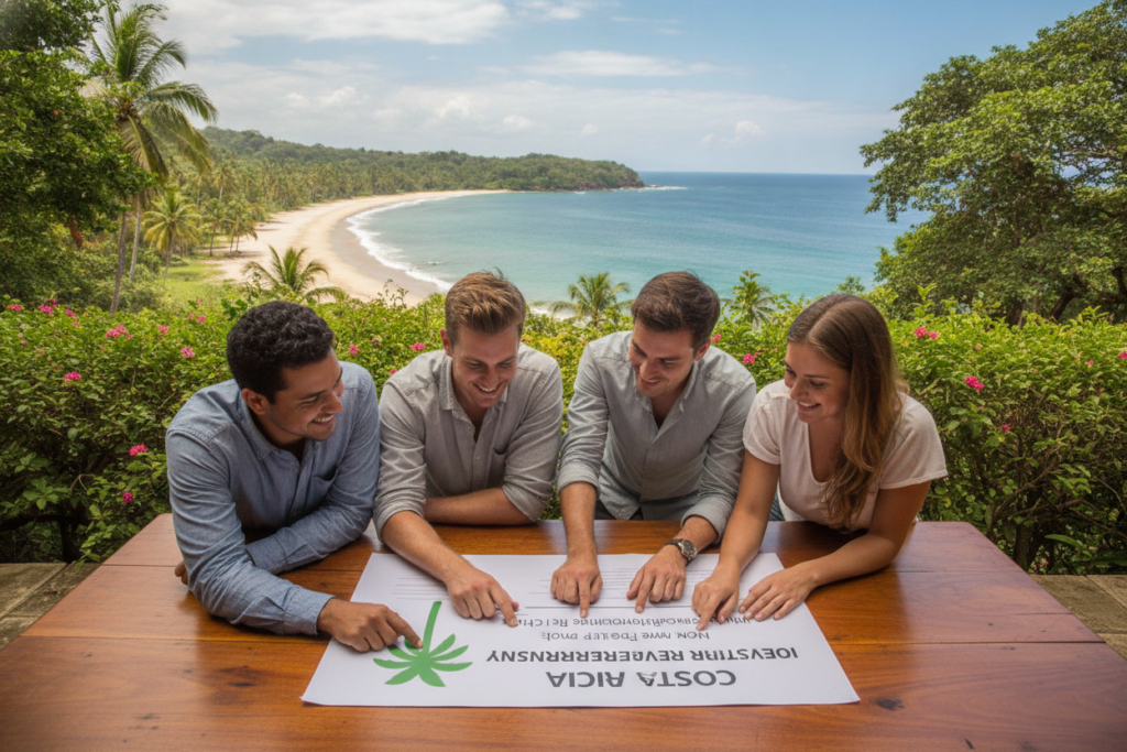 A vibrant and inviting Costa Rican landscape showcasing key aspects of investor residency. In the foreground, a group of diverse individuals in business casual attire, engaged in discussion over a document depicting residency requirements. The middle ground features lush green foliage and a beautiful view of a palm-fringed beach, symbolizing the tropical allure of Costa Rica. The background presents a serene blue sky with a few fluffy clouds, adding a sense of tranquility. The lighting is bright and natural, highlighting the warmth and welcoming nature of the environment. The overall mood is optimistic and professional, reflecting a sense of opportunity and growth for prospective investors.