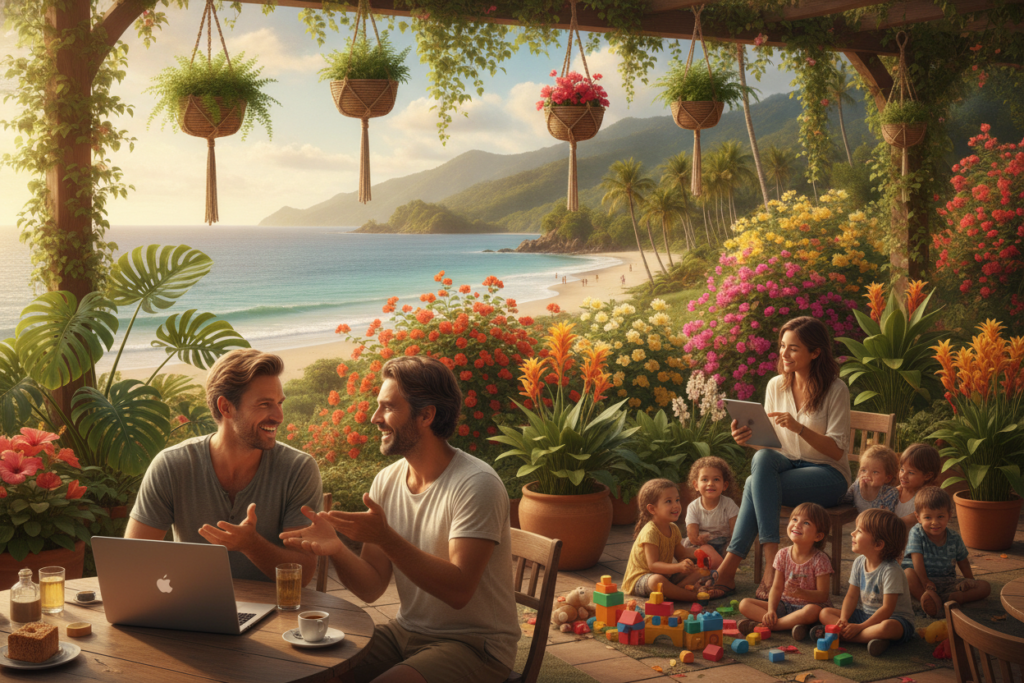 A vibrant and inviting scene depicting a diverse group of digital nomads and their families gathered in a beautiful outdoor café in Costa Rica. In the foreground, a smiling couple with a laptop, casually dressed, engaged in a discussion about their experiences with the Digital Nomad Visa. Nearby, a woman holding a tablet shares information with a group of children playing with colorful toys. In the middle ground, tropical plants and bright flowers add a lush character to the setting. The background features a stunning view of the Costa Rican coastline, bathed in warm, natural sunlight, creating an idyllic and relaxed atmosphere. The mood is encouraging and inspiring, emphasizing community and adventure in a picturesque location ideal for digital nomads.