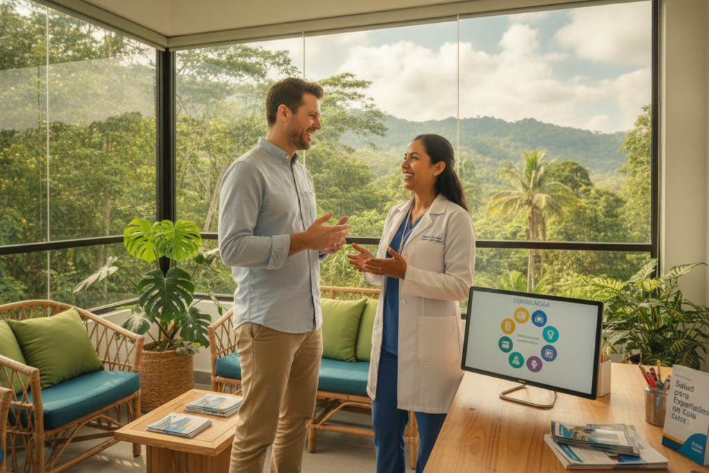 A vibrant and inviting scene in a modern Costa Rican healthcare setting, featuring a welcoming doctor's office filled with natural light. In the foreground, a friendly, casually dressed expat is engaged in conversation with a professional-looking Costa Rican doctor in a crisp white coat, both smiling and exchanging information. The doctor gestures towards a consultation chart that highlights various medical specialties. In the middle ground, a comfortable waiting area with tropical plants and health pamphlets symbolizes accessibility and care. The background showcases a large window revealing the lush greenery of Costa Rica's landscape, emphasizing a tranquil atmosphere. The lighting is soft and warm, creating a sense of trust and professionalism. The overall mood is reassuring and hopeful, perfect for expats navigating healthcare in a foreign country.