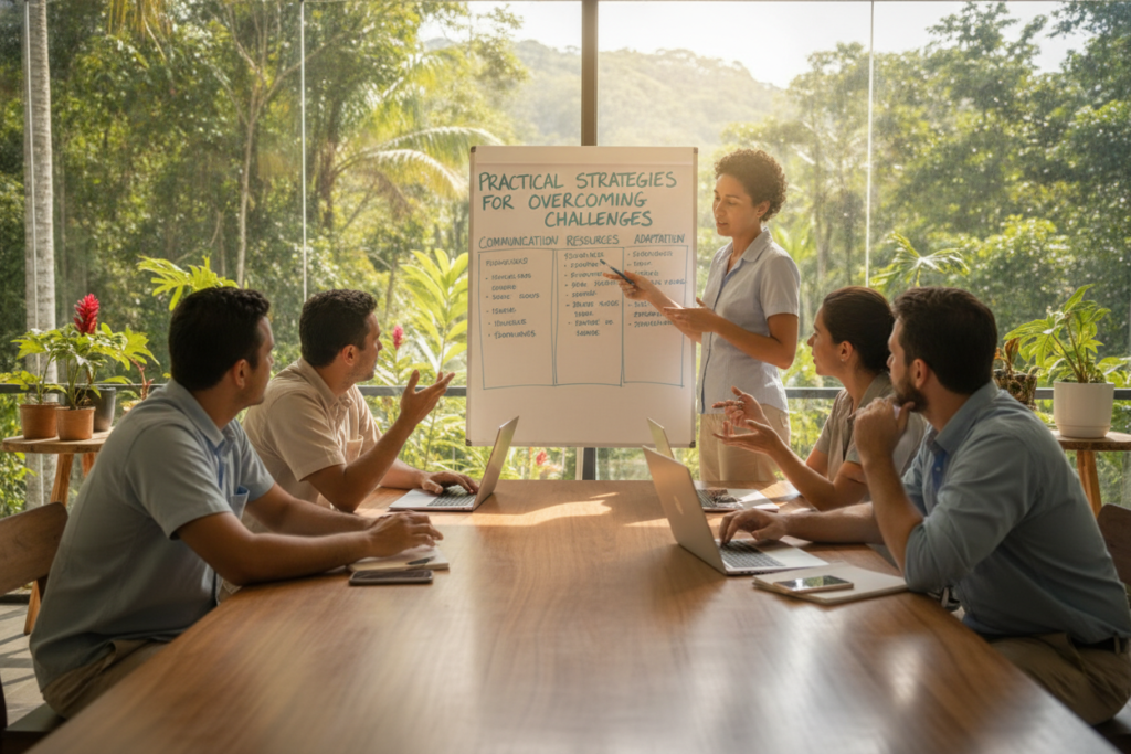 A vibrant and photorealistic image showcasing a Costa Rican office scene that captures the essence of "Practical Strategies for Overcoming Common Challenges." In the foreground, a diverse group of casually dressed professionals is engaged in a brainstorming session, collaborating around a wooden table. They display expressions of focus and determination. In the middle ground, there's a whiteboard with colorful diagrams and notes illustrating strategies. The background reveals a large window showcasing a lush tropical landscape, with the bright Costa Rican sun casting warm natural light into the room. The overall mood is optimistic and dynamic, reflecting a collaborative atmosphere amidst challenges, with soft shadows and a clear focus on the interaction among team members.