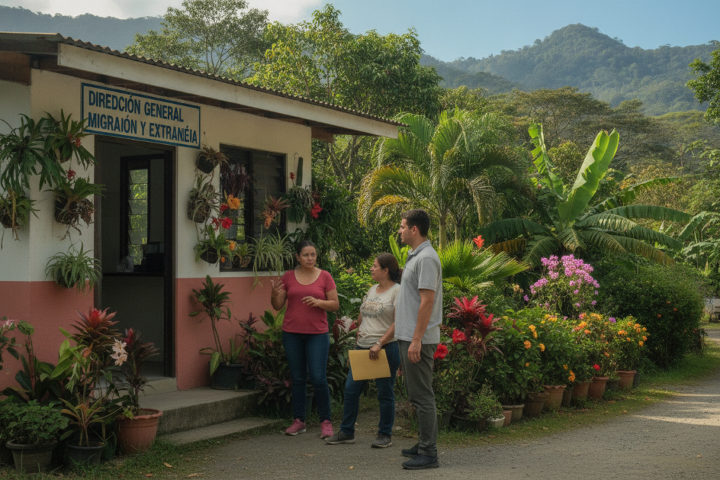 A vibrant and photorealistic scene capturing the essence of Costa Rica's residency and immigration landscape. In the foreground, a casual group of three individuals, dressed in modest, laid-back attire, engage in a discussion outside a charming immigration office adorned with local flora. The middle ground features lush tropical vegetation typical of Costa Rica, including palm trees and vibrant flowers, adding to the welcoming atmosphere. In the background, distant rolling hills and a clear blue sky emphasize the beauty of the country. Soft natural light bathes the scene, creating a warm and inviting mood. The composition should be framed with a slight tilt, as if capturing a candid moment, to evoke a sense of authenticity in the immigration experience. A vibrant and photorealistic scene capturing the essence of Costa Rica's residency and immigration landscape. In the foreground, a casual group of three individuals, dressed in modest, laid-back attire, engage in a discussion outside a charming immigration office adorned with local flora. The middle ground features lush tropical vegetation typical of Costa Rica, including palm trees and vibrant flowers, adding to the welcoming atmosphere. In the background, distant rolling hills and a clear blue sky emphasize the beauty of the country. Soft natural light bathes the scene, creating a warm and inviting mood. The composition should be framed with a slight tilt, as if capturing a candid moment, to evoke a sense of authenticity in the immigration experience.
