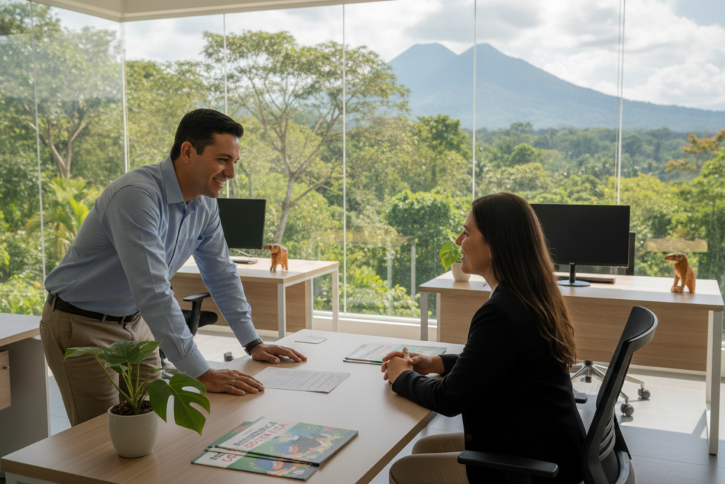 A vibrant and photorealistic scene depicting a picturesque Costa Rican office setting for residency services, capturing a warm and welcoming atmosphere. In the foreground, a friendly consultant, dressed in smart casual attire, is engaged in conversation with a prospective specialized worker, showcasing empathy and professionalism. The middle ground features elegant, modern desk setups with Costa Rican decorations, brochures about residency options, and lush green indoor plants that reflect the natural beauty of the country. In the background, large windows display a stunning view of Costa Rica's tropical landscape, filled with vibrant greenery and distant mountains under bright, natural light. The image conveys a sense of trust and approachability, inviting individuals to explore residency opportunities in Costa Rica.