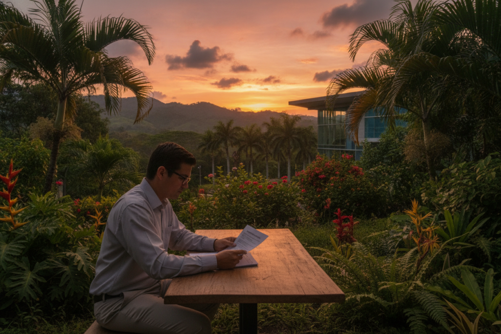 A vibrant and photorealistic scene showcasing a serene Costa Rican landscape at sunset. In the foreground, a professional individual in modest business attire is reviewing documents related to DIMEX renewal fees while seated at a rustic wooden table surrounded by lush foliage. In the middle ground, a glimpse of a modern government office building can be seen, partially obscured by tropical plants. The background features verdant hills and the silhouette of palm trees against a colorful sky, capturing the essence of Costa Rica's natural beauty. The atmosphere is calm and focused, highlighting the importance of the DIMEX renewal process, illuminated by warm, natural sunset lighting. The scene is captured with a shallow depth of field to emphasize the individual while softly blending the surroundings.