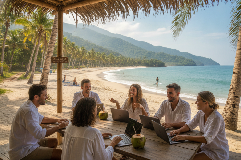 A vibrant coastal scene in Costa Rica showcasing the benefits of living there. In the foreground, a group of diverse digital nomads, casually dressed in comfortable, professional attire, are gathered around laptops, collaborating and enjoying the tropical ambiance. In the middle ground, a stunning beach with gentle waves and palm trees swaying in the breeze, symbolizing lifestyle. In the background, scenic mountains and a clear blue sky convey tranquility and adventure. The lighting is natural, accentuating the warm sunlight filtering through the trees, creating a relaxed and welcoming atmosphere. The image embodies the freedom of work flexibility and the allure of a vibrant, nature-rich setting, inviting the viewer to consider the lifestyle and tax benefits of residing in Costa Rica. A vibrant coastal scene in Costa Rica showcasing the benefits of living there. In the foreground, a group of diverse digital nomads, casually dressed in comfortable, professional attire, are gathered around laptops, collaborating and enjoying the tropical ambiance. In the middle ground, a stunning beach with gentle waves and palm trees swaying in the breeze, symbolizing lifestyle. In the background, scenic mountains and a clear blue sky convey tranquility and adventure. The lighting is natural, accentuating the warm sunlight filtering through the trees, creating a relaxed and welcoming atmosphere. The image embodies the freedom of work flexibility and the allure of a vibrant, nature-rich setting, inviting the viewer to consider the lifestyle and tax benefits of residing in Costa Rica.