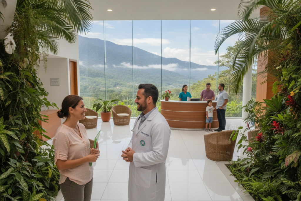 A vibrant healthcare scene in Costa Rica, showcasing a modern medical clinic surrounded by lush tropical greenery. In the foreground, a doctor in a professional white coat talks with a patient, both smiling, exuding a sense of trust and care. The middle ground features a sparkling clean reception area with a friendly nurse assisting other patients. In the background, large windows reveal views of beautiful mountains, emphasizing both nature and health. The atmosphere is warm and inviting, illuminated by soft natural light filtering through the windows, creating a serene and hopeful mood. The image is shot from a slightly elevated angle to capture the entire scene, highlighting the quality and accessibility of healthcare services available to expats in Costa Rica.