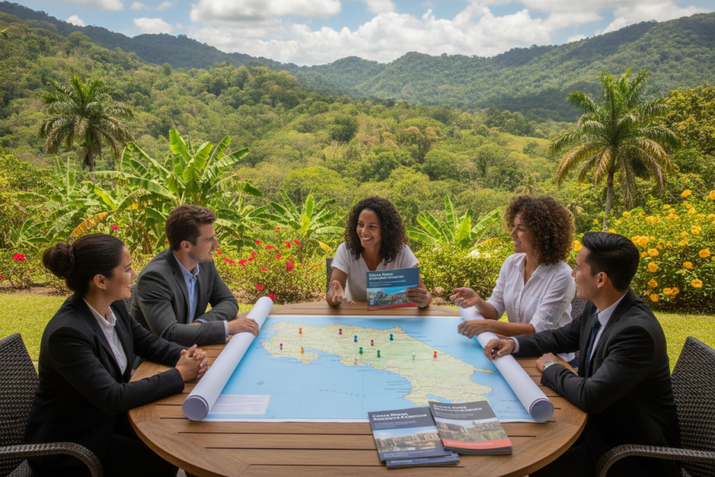 A vibrant, inviting scene capturing "Residency Pathways in Costa Rica." In the foreground, a diverse group of individuals in professional attire discusses residency options, showcasing a mix of backgrounds and cultures. In the middle ground, a detailed map of Costa Rica with marked residency locations is spread out, complemented by colorful brochures on residency programs. The background features lush green hills, iconic Costa Rican flora, and a bright blue sky, creating a warm and welcoming atmosphere. The natural light illuminates the scene, enhancing the colors and depth. The composition is shot from a slightly elevated angle, offering a panoramic view that highlights both the discussion and the beautiful landscape, embodying hope and opportunity in the residency process.