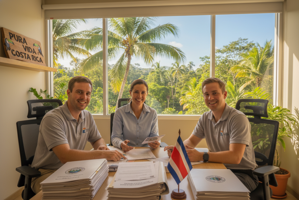 A vibrant office setting depicting the Costa Rica residency process. In the foreground, a diverse group of three Caucasian staff members dressed in business casual attire (polo and button-down shirts) are engaged in a friendly discussion, reviewing documents related to residency applications. The middle ground features a large table filled with paperwork, Costa Rican flags, and various official forms. In the background, a large window reveals a tropical landscape with lush greenery and a bright blue sky, symbolizing the beauty of Costa Rica. The lighting is warm and inviting, creating a welcoming atmosphere. The phrase "Pura Vida Costa Rica" is subtly integrated into the decor of the room, giving a sense of local pride and culture. The overall mood is professional yet relaxed, reflecting the supportive nature of the residency process. A vibrant office setting depicting the Costa Rica residency process. In the foreground, a diverse group of three Caucasian staff members dressed in business casual attire (polo and button-down shirts) are engaged in a friendly discussion, reviewing documents related to residency applications. The middle ground features a large table filled with paperwork, Costa Rican flags, and various official forms. In the background, a large window reveals a tropical landscape with lush greenery and a bright blue sky, symbolizing the beauty of Costa Rica. The lighting is warm and inviting, creating a welcoming atmosphere. The phrase "Pura Vida Costa Rica" is subtly integrated into the decor of the room, giving a sense of local pride and culture. The overall mood is professional yet relaxed, reflecting the supportive nature of the residency process.