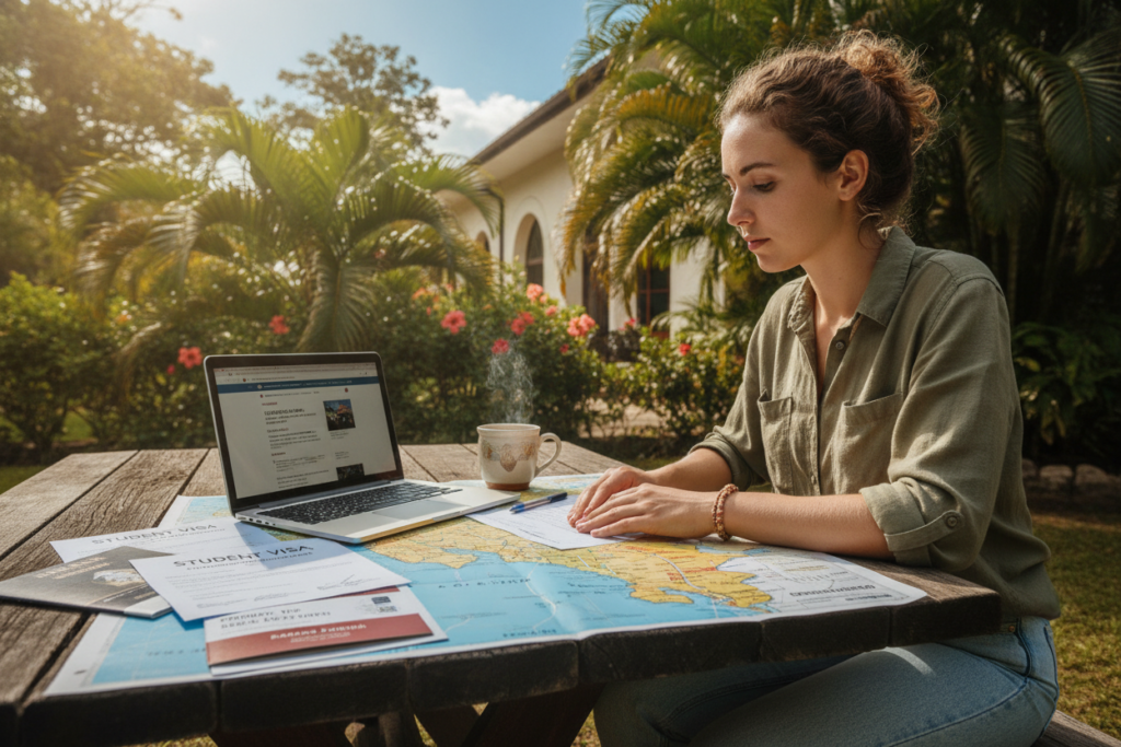 A vibrant outdoor scene capturing the essence of studying in Costa Rica, featuring an international student looking thoughtfully at a colorful map and important documents spread out on a wooden table. In the foreground, the student, wearing modest casual clothing, is surrounded by a laptop, a cuppa coffee, and brochures about student visas and permits. The middle ground shows lush tropical plants and hints of nearby university buildings to evoke the scholarly atmosphere. The background features a bright blue sky with soft, natural sunlight, creating a warm, inviting mood. The overall composition conveys a sense of adventure and security, reflecting careful consideration of visa and student permit options in a beautiful and friendly environment.