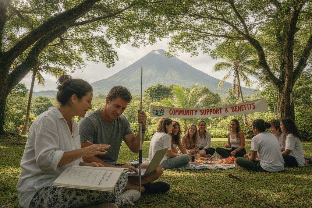 A vibrant outdoor scene depicting a diverse group of athletes and artists in Costa Rica, engaging in a friendly meeting under the lush, green canopy of a tropical garden. In the foreground, two professional individuals—one an artist with a sketchpad and the other an athlete holding a sports equipment—are discussing residency compliance over a laptop, symbolizing renewal processes and legalities. In the middle background, a social gathering of people in modest casual clothing, enjoying a picnic that highlights community and support benefits, with a view of the iconic Arenal Volcano in the distance. The warm, natural light filters through trees, creating a welcoming atmosphere of collaboration and unity, shot from a dynamic angle to emphasize engagement and partnership.