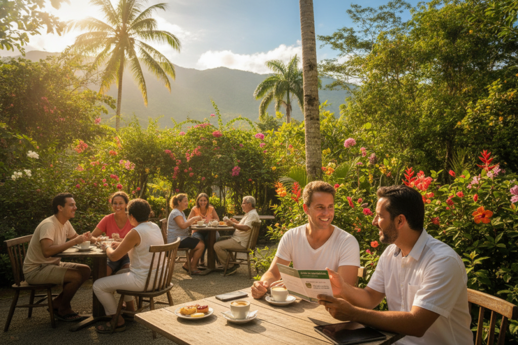 A vibrant outdoor scene depicting a diverse group of individuals casually engaged in an informal meeting at a sunny Costa Rican café, surrounded by lush greenery and colorful tropical flowers. In the foreground, a smiling couple discusses with a local immigration consultant, who is pointing to an informational brochure about immigration processes. In the middle ground, friendly local residents enjoy their day, showcasing Costa Rica’s welcoming atmosphere. The background features iconic elements such as palm trees and distant mountains under a clear blue sky, emphasizing the natural beauty of the country. The lighting is warm and inviting, capturing the essence of a relaxed, supportive environment for newcomers. The overall mood is encouraging and positive, highlighting community support for a smooth immigration journey.
