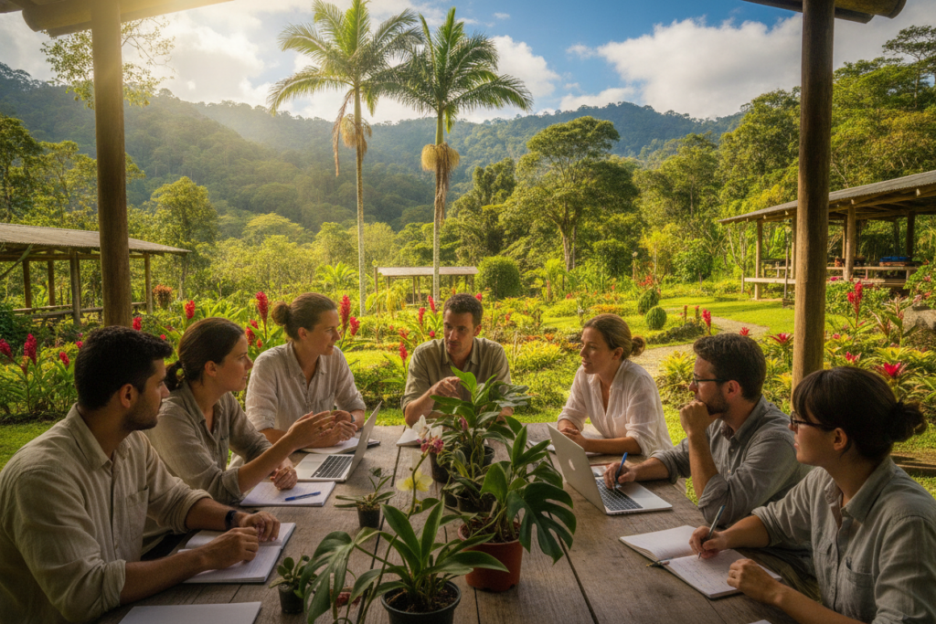A vibrant outdoor scene depicting a research and teaching community in Costa Rica. In the foreground, a diverse group of researchers and educators are engaged in collaborative discussions around a table with laptops, notepads, and tropical plants nearby. The middle ground features a lush landscape with palm trees and colorful flowers, suggesting an academic atmosphere enriched by nature. The background showcases a beautiful Costa Rican landscape, including rolling hills and a clear blue sky with sunlight filtering through the trees, creating a warm, inviting mood. The image should be photorealistic, illuminated by natural light, capturing a sense of collaboration and inspiration among professionals casually dressed in modest attire.