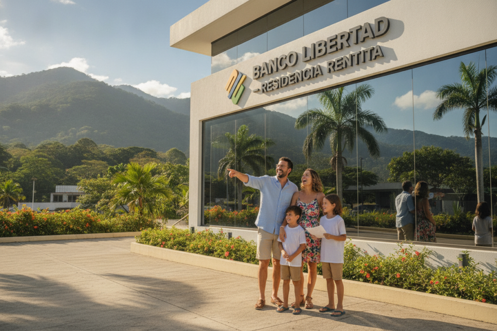 A vibrant outdoor scene in Costa Rica showcasing a serene bank setting, designed to illustrate the Rentista Residency income requirements. In the foreground, a casually dressed family of four, smiling and discussing their plans; the parents are in light summer attire, and the children are in comfortable clothing. In the middle, a modern bank building with large glass windows reflecting the surrounding lush greenery, symbolizing financial stability. In the background, a picturesque view of Costa Rican mountains and trees under a bright blue sky, with soft natural light illuminating the entire scene. The composition conveys a sense of opportunity, warmth, and the inviting nature of Costa Rica, perfect for expats and those seeking residency. The atmosphere is friendly and welcoming, emphasizing a sense of community. A vibrant outdoor scene in Costa Rica showcasing a serene bank setting, designed to illustrate the Rentista Residency income requirements. In the foreground, a casually dressed family of four, smiling and discussing their plans; the parents are in light summer attire, and the children are in comfortable clothing. In the middle, a modern bank building with large glass windows reflecting the surrounding lush greenery, symbolizing financial stability. In the background, a picturesque view of Costa Rican mountains and trees under a bright blue sky, with soft natural light illuminating the entire scene. The composition conveys a sense of opportunity, warmth, and the inviting nature of Costa Rica, perfect for expats and those seeking residency. The atmosphere is friendly and welcoming, emphasizing a sense of community.