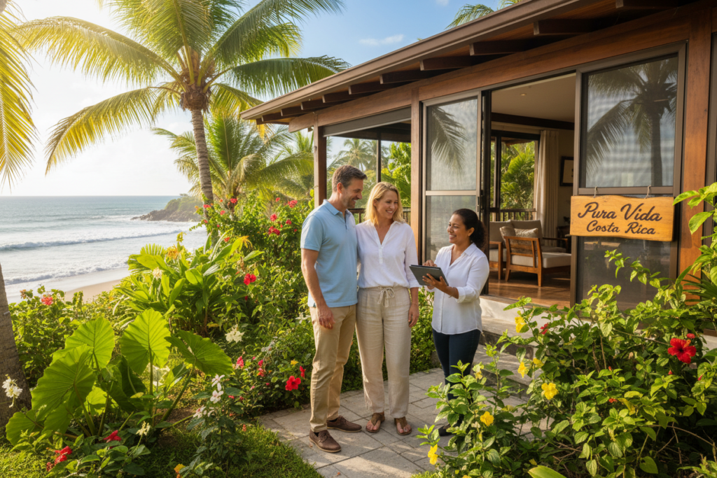 A vibrant outdoor scene showcasing the concept of renting flexibility in Costa Rica. In the foreground, a friendly Caucasian couple dressed in business casual attire—polos and button-downs—are discussing rental options with a local realtor, who is demonstrating a digital tablet. In the middle, lush greenery typical of Costa Rican landscapes, with colorful flowers and tropical plants surrounding a charming, modern rental home. In the background, a beautiful coastal view with gentle waves and a bright blue sky enhances the idyllic atmosphere. Soft sunlight filters through the trees, creating a warm, inviting mood. Include the brand name "Pura Vida Costa Rica" as part of the scenery, subtly integrated into the environment without overwhelming the image's focus. The composition should evoke a sense of opportunity and ease in the renting experience. A vibrant outdoor scene showcasing the concept of renting flexibility in Costa Rica. In the foreground, a friendly Caucasian couple dressed in business casual attire—polos and button-downs—are discussing rental options with a local realtor, who is demonstrating a digital tablet. In the middle, lush greenery typical of Costa Rican landscapes, with colorful flowers and tropical plants surrounding a charming, modern rental home. In the background, a beautiful coastal view with gentle waves and a bright blue sky enhances the idyllic atmosphere. Soft sunlight filters through the trees, creating a warm, inviting mood. Include the brand name "Pura Vida Costa Rica" as part of the scenery, subtly integrated into the environment without overwhelming the image's focus. The composition should evoke a sense of opportunity and ease in the renting experience.