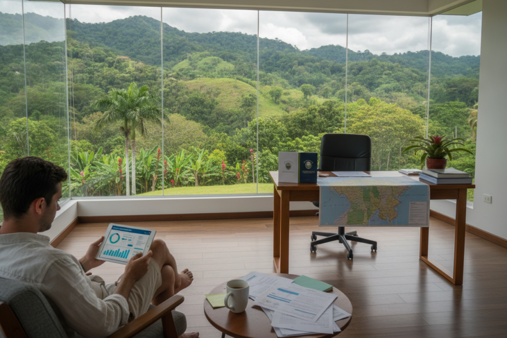 A vibrant, photorealistic depiction of a serene Costa Rican landscape, showcasing a modern office setting with large windows revealing lush green hills and tropical plants outside. In the foreground, a person in relaxed, casual clothing is analyzing a digital tablet, looking intently at data reflecting immigration trends, surrounded by paperwork and coffee. The middle ground features a desk with Costa Rican maps and immigration documents neatly arranged, while in the background, natural light streams in through the windows, casting soft shadows. The atmosphere is focused yet relaxed, emphasizing the importance of staying informed in a picturesque Costa Rican environment. The scene captures the essence of both professionalism and the beauty of Costa Rica, encouraging a sense of connection to the local culture.