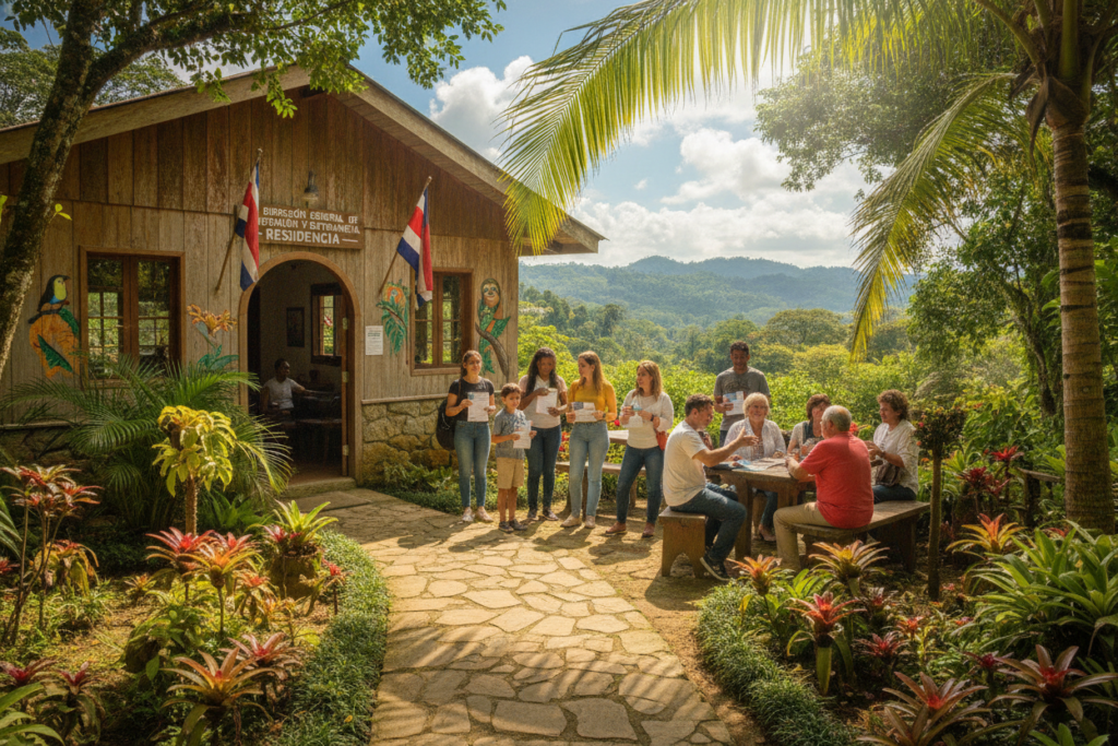 A vibrant, photorealistic depiction of residency requirements in Costa Rica, showcasing a serene outdoor scene. In the foreground, a pathway lined with lush tropical plants leads to a welcoming facade of a rustic government office building adorned with Costa Rican flags. In the middle, a diverse group of casually dressed individuals, representing various nationalities and ages, engage in friendly discussions, holding informational brochures. In the background, the picturesque landscape features rolling hills and vibrant blue skies, typical of Costa Rica’s natural beauty. Natural light filters through the leaves, creating a warm and inviting atmosphere. The focus is on professionalism and community interaction, reflecting the essence of obtaining residency without income in Costa Rica. A vibrant, photorealistic depiction of residency requirements in Costa Rica, showcasing a serene outdoor scene. In the foreground, a pathway lined with lush tropical plants leads to a welcoming facade of a rustic government office building adorned with Costa Rican flags. In the middle, a diverse group of casually dressed individuals, representing various nationalities and ages, engage in friendly discussions, holding informational brochures. In the background, the picturesque landscape features rolling hills and vibrant blue skies, typical of Costa Rica’s natural beauty. Natural light filters through the leaves, creating a warm and inviting atmosphere. The focus is on professionalism and community interaction, reflecting the essence of obtaining residency without income in Costa Rica.
