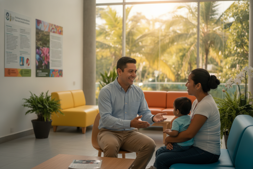 A vibrant, photorealistic image depicting the Caja healthcare system in Costa Rica, focusing on a modern clinic setting. In the foreground, a healthcare professional in smart casual attire is engaging with a patient, showcasing compassion and care. The middle ground features an open reception area with colorful Costa Rican decor, plants, and informative posters about health services. In the background, through large windows, tropical trees are visible, illuminated by warm natural light filtering in, creating an inviting atmosphere. The image should reflect a sense of community and accessibility in healthcare, with a soft focus on the background to emphasize the interaction in the foreground. This scene conveys a mood of professionalism and warmth within Costa Rica’s healthcare structure.