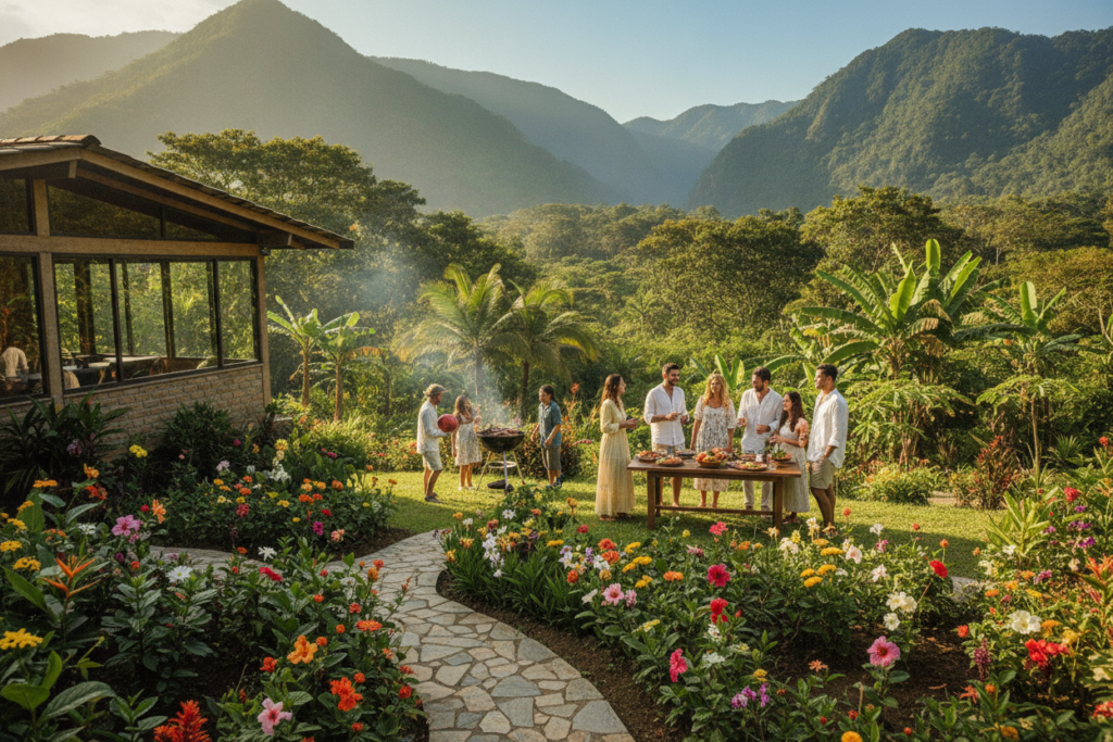 A vibrant, photorealistic landscape of Costa Rica highlighting its advantages and relaxed lifestyle. In the foreground, a lush green garden with colorful tropical flowers and a pathway leading to a cozy, modest home featuring large windows. In the middle ground, a friendly group of people, casually dressed in light clothing, enjoying a sunny afternoon barbecue, showcasing a sense of community and leisure. In the background, stunning mountains and a clear blue sky enhance the natural beauty. Soft, warm sunlight filtering through the trees creates a welcoming atmosphere. Capture this scene from a slight elevation, using a wide-angle lens to emphasize the breathtaking environment and vibrant lifestyle without any text or distractions. A vibrant, photorealistic landscape of Costa Rica highlighting its advantages and relaxed lifestyle. In the foreground, a lush green garden with colorful tropical flowers and a pathway leading to a cozy, modest home featuring large windows. In the middle ground, a friendly group of people, casually dressed in light clothing, enjoying a sunny afternoon barbecue, showcasing a sense of community and leisure. In the background, stunning mountains and a clear blue sky enhance the natural beauty. Soft, warm sunlight filtering through the trees creates a welcoming atmosphere. Capture this scene from a slight elevation, using a wide-angle lens to emphasize the breathtaking environment and vibrant lifestyle without any text or distractions.
