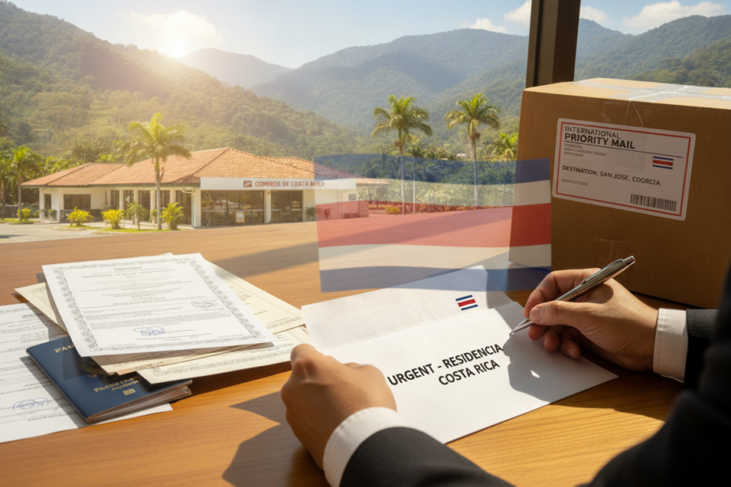 A vibrant, photorealistic scene capturing the essence of shipping residency documents to Costa Rica. In the foreground, a well-organized workspace features a stack of important documents accompanied by a passport, all neatly placed on a wooden desk. A hand clad in business attire is preparing to place the documents into a white envelope, symbolizing the act of shipping. In the middle ground, a close-up view of an international shipping label with Costa Rica's flag subtly integrated into the design. The background showcases a sunny Costa Rican landscape, featuring lush green mountains and clear blue skies, with a distant view of a postal office building. The atmosphere is professional and hopeful, illuminated by natural sunlight that casts soft shadows, enhancing the scene's clarity and focus.