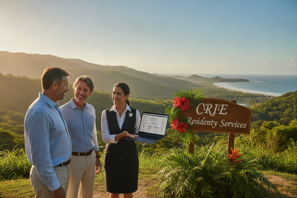 A vibrant, photorealistic scene depicting CRIE residency services for retirees in Costa Rica. In the foreground, a friendly, middle-aged couple in smart-casual attire is engaged in conversation with a knowledgeable CRIE representative, who is gesturing towards a laptop displaying residency information. The middle ground features lush tropical greenery, with a small sign indicating "CRIE Residency Services" adorned with local flowers. In the background, a sun-drenched Costa Rican landscape includes rolling hills and a clear blue sky, creating an inviting atmosphere. Warm, natural light illuminates the scene, enhancing the welcoming mood. The image is framed with a slightly blurred focus to emphasize the interaction between the couple and the representative, conveying a sense of ease and support in the residency journey.